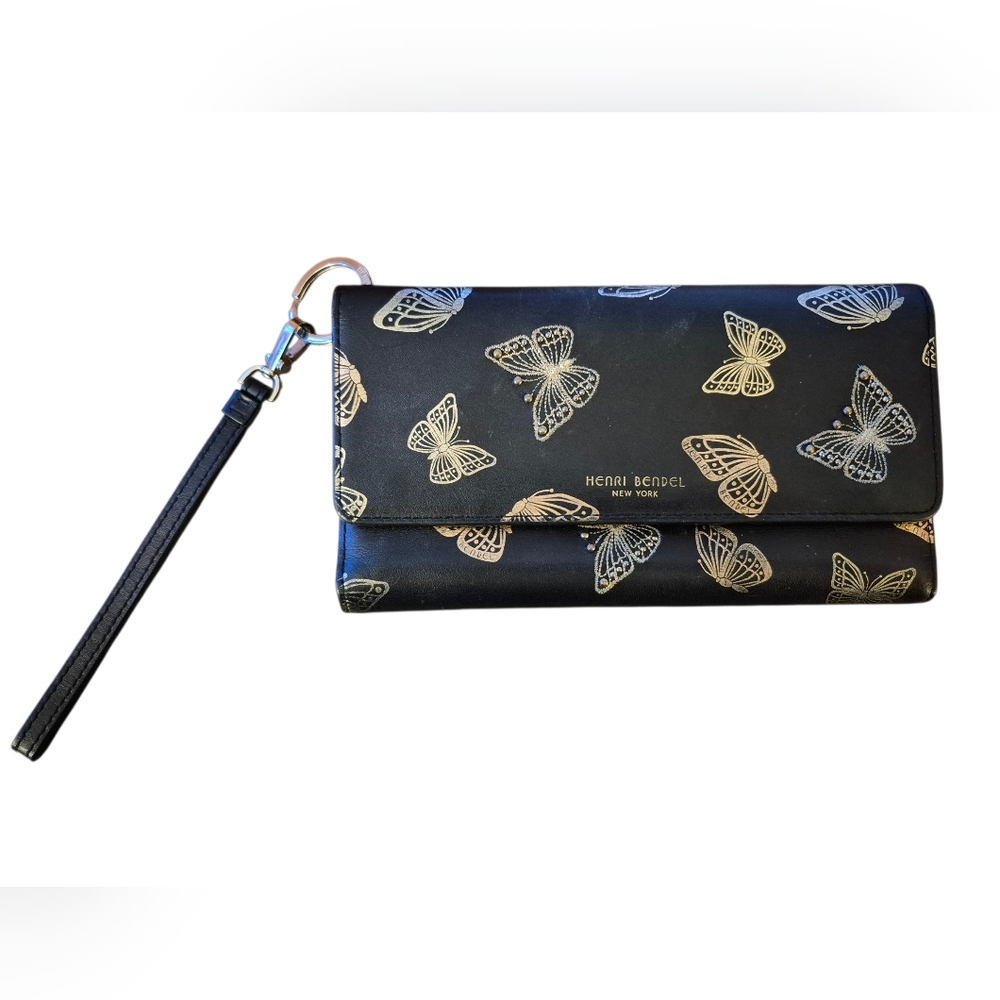 RARE Henri Bendel Black and Gold Embroidered Butterfly Large Wallet